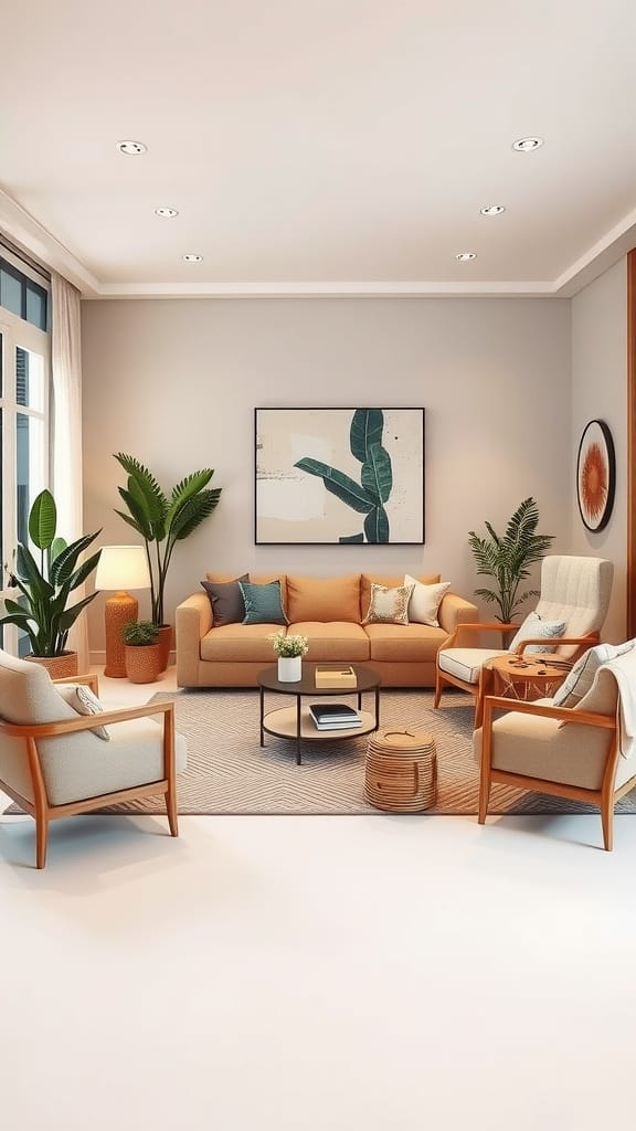 A cozy modern living room featuring neutral tones and stylish furniture.