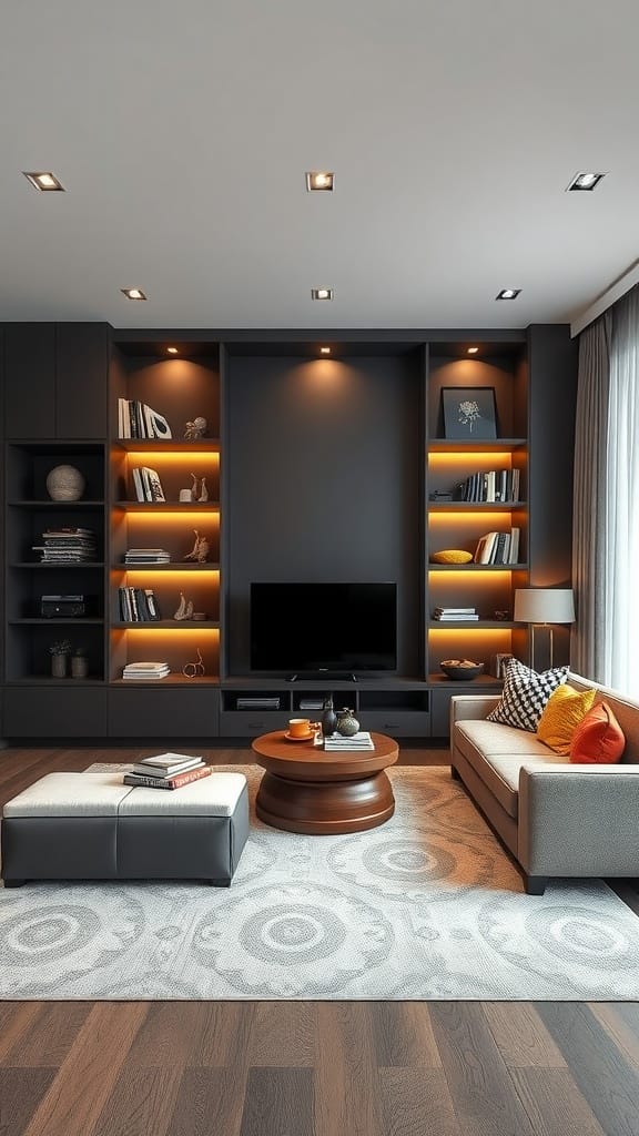 A modern living room featuring hidden storage solutions with stylish furniture.
