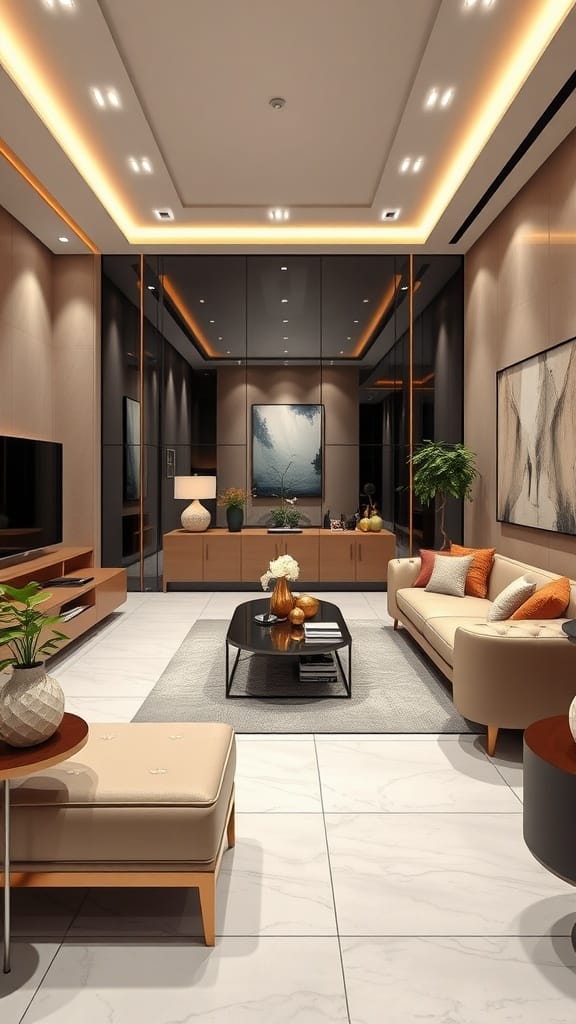 Modern living room with high-gloss finishes and earthy tones.