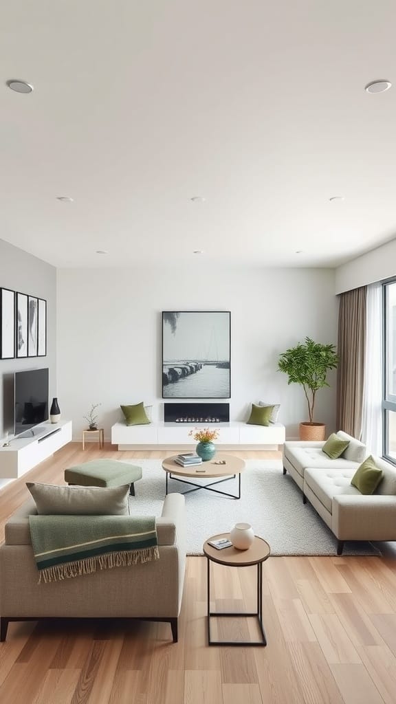 Modern living room with low-profile furniture and neutral tones.