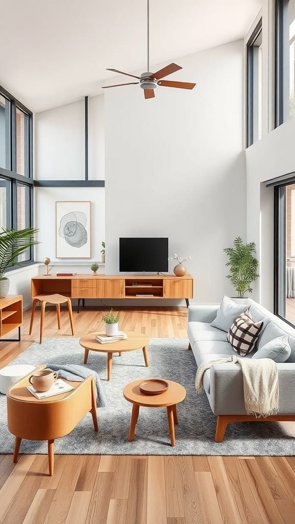 A modern living room featuring Scandinavian and mid-century design elements, with light colors, wooden furniture, and a cozy layout.