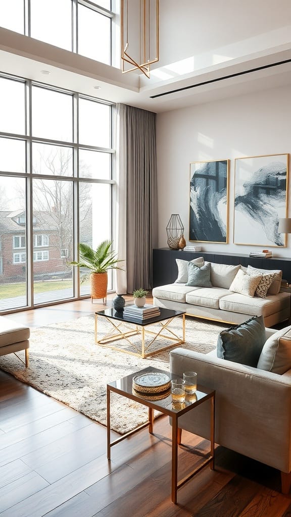 Modern living room with metallic accents.