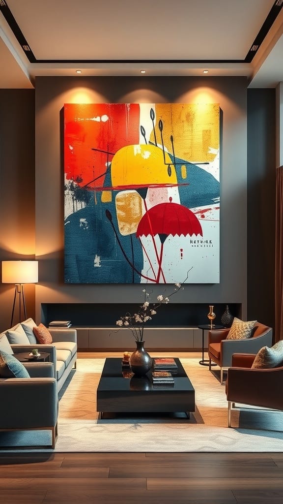 A modern living room featuring an oversized abstract art piece with bright colors.