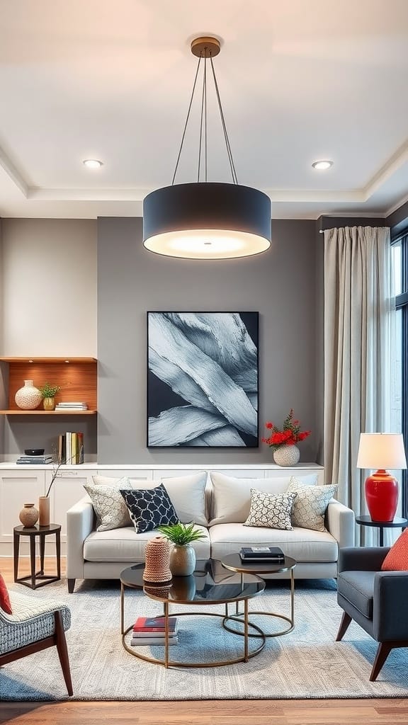 Modern living room with a large statement light fixture, gray walls, and stylish furniture.