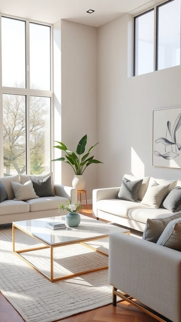 A modern living room featuring a neutral color palette with a cozy sectional sofa, stylish round coffee table, and natural light.