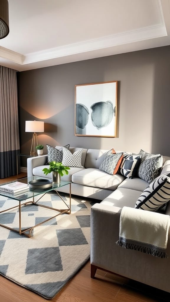 A modern living room with geometric patterns in decor, featuring a light-colored sofa, a round coffee table, and a patterned rug.