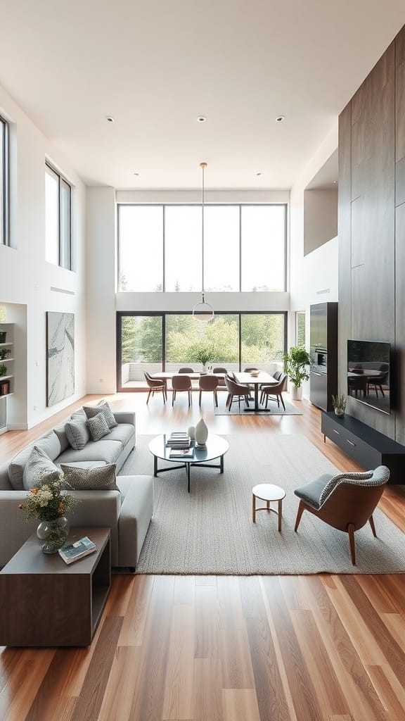 A modern open-concept living room and kitchen area with large windows and minimalist design.