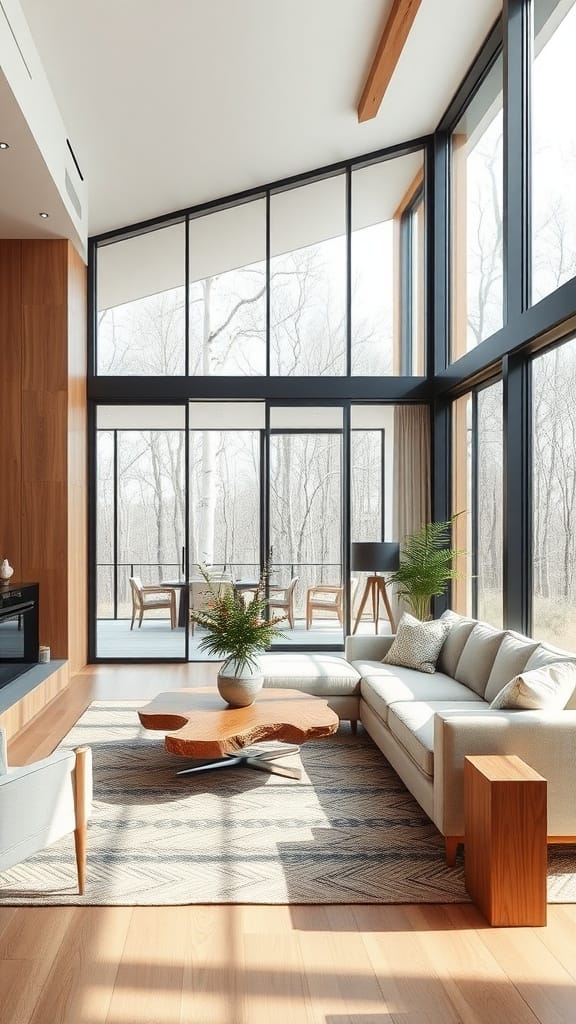 A modern living room featuring a glass coffee table and wooden elements.