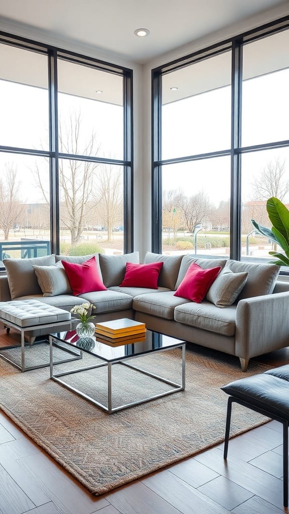 A modern living room featuring a plush sofa with colorful cushions, a coffee table, and large windows.