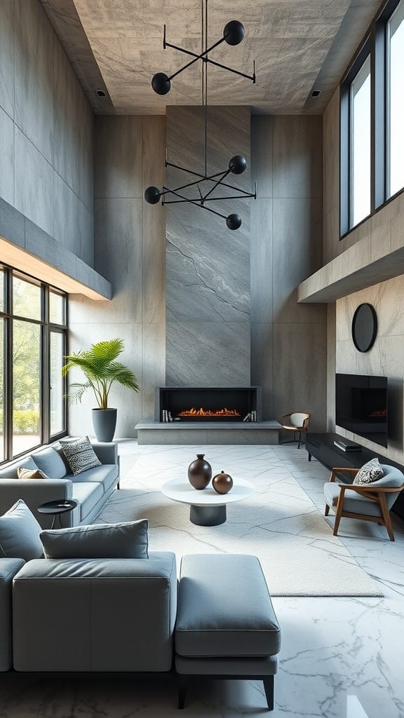 Modern living room featuring concrete and marble decor with large windows and plants.