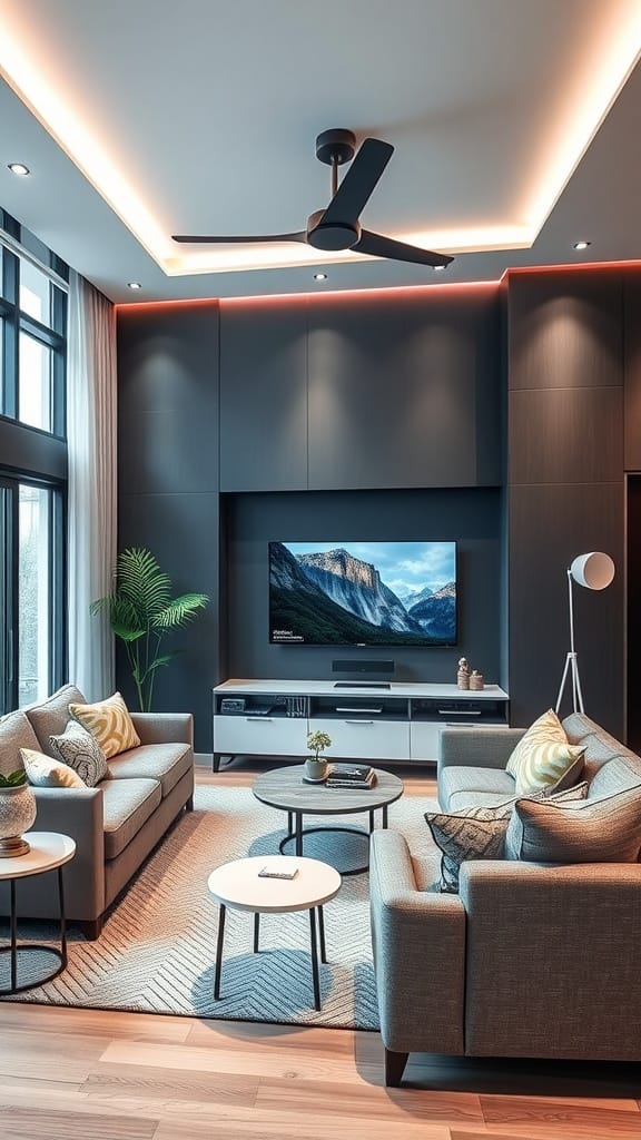 A modern living room with smart home features, showcasing elegant furniture and warm lighting.