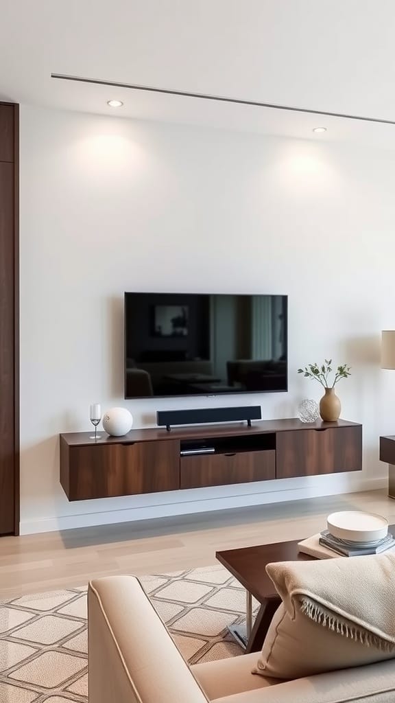 A modern living room featuring a floating media console with a TV mounted above, a comfortable gray sofa, and a minimalist wooden coffee table.