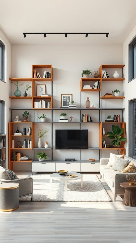 Modern living room with modular shelving, showcasing books and decorative items.