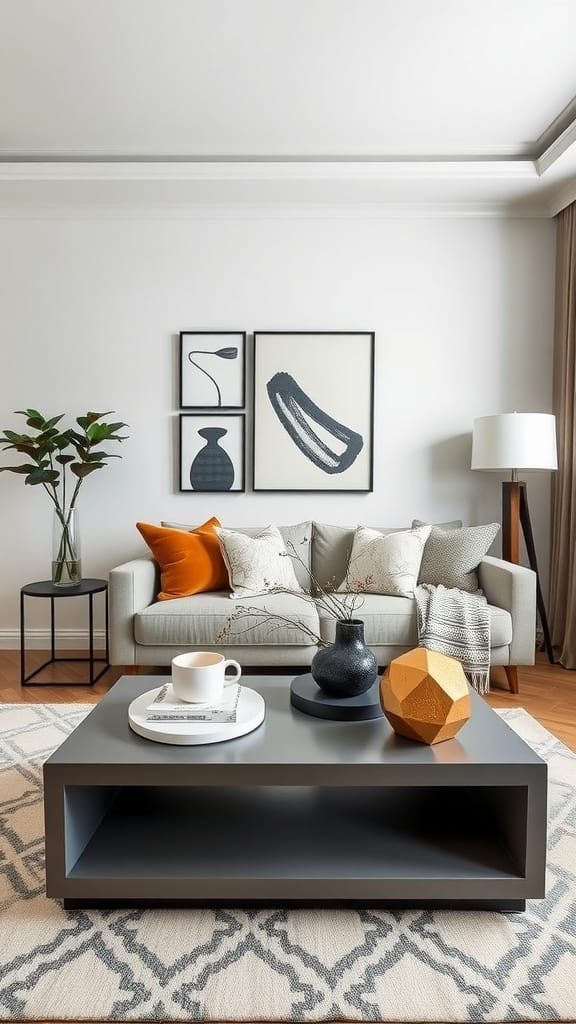 A modern living room showcasing a mix of matte and glossy finishes