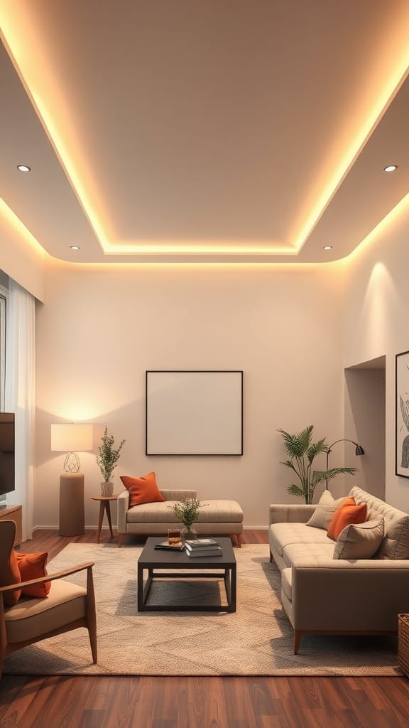 A modern living room with layered lighting and neutral tones.