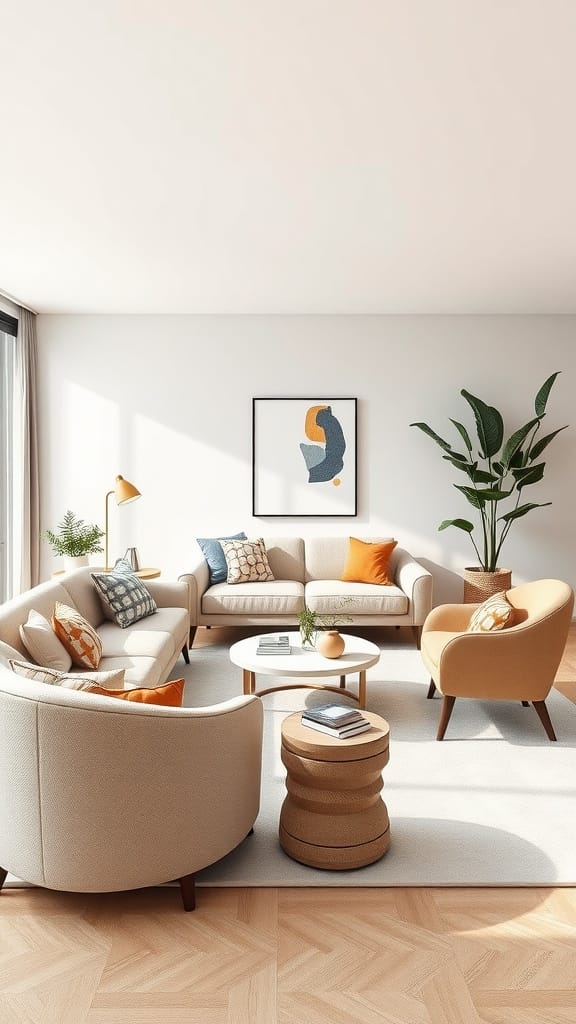 A modern living room featuring curved furniture, including a beige sofa and chairs, with decorative pillows and a round coffee table.