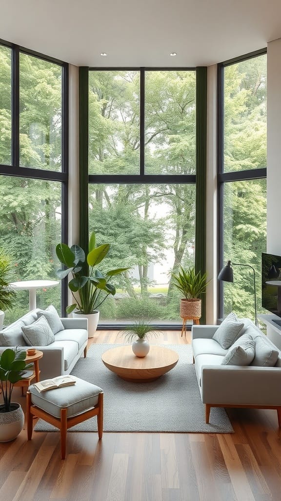 A modern living room with large windows, plants, and minimalist furniture, showcasing a biophilic design approach.