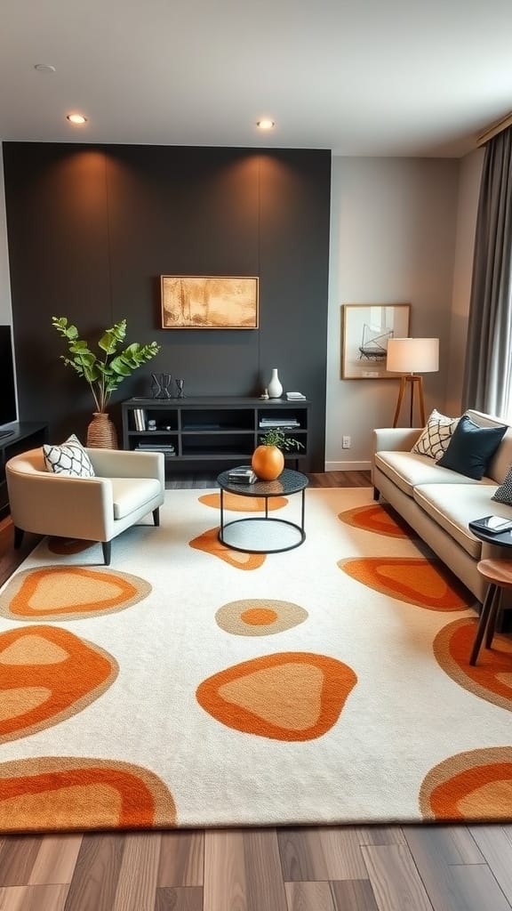 A modern living room featuring a striking statement rug with red hues, elegant furniture, and a contemporary design.