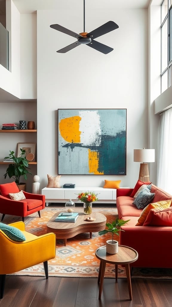 A modern living room with asymmetrical furniture arrangement and vibrant colors.