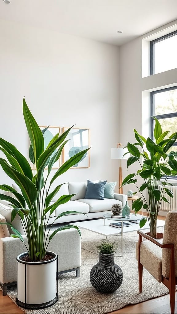 A bright and airy living room with various indoor plants, featuring a sofa, a coffee table, and natural light coming through the windows.