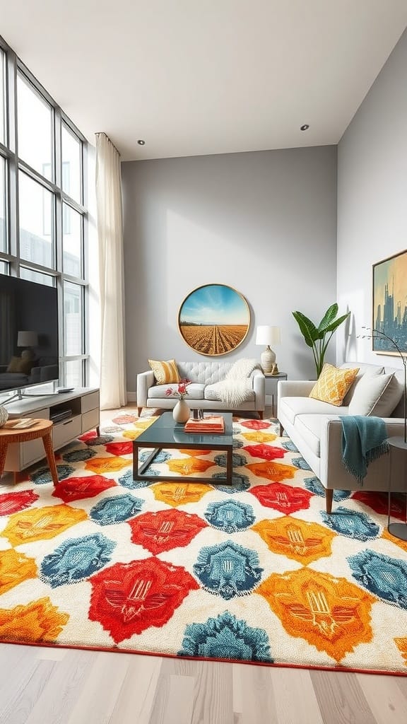 Modern living room with a colorful area rug and cozy decor.