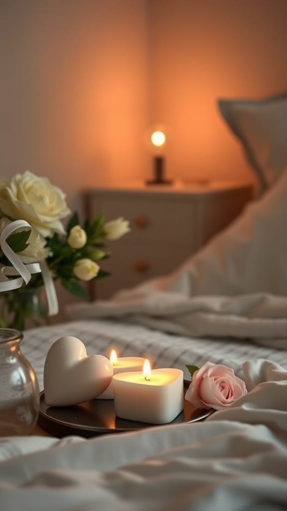 A cozy romantic bedroom scene with heart-shaped candles, a rose, and soft bedding.