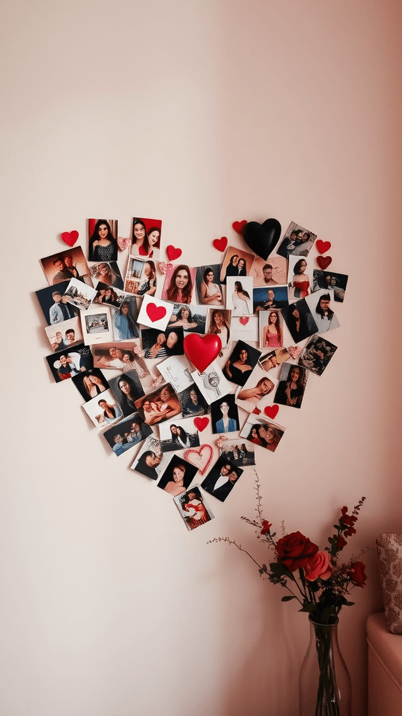 A heart-shaped collage of various personal photographs on a wall