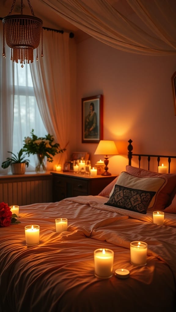 A romantic bedroom with candles lit all around, creating a warm atmosphere for Valentine's Day.