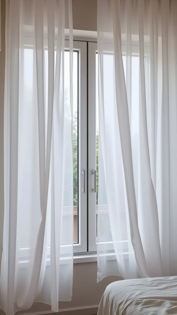 Soft white sheer drapes framing a window in a cozy bedroom