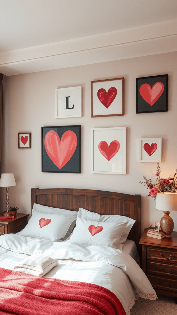 A collection of framed romantic quotes and heart designs on a wall above a bed