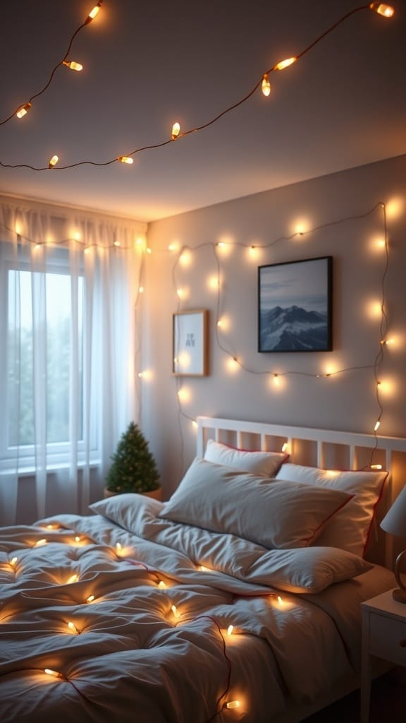 A cozy bedroom adorned with twinkling fairy lights, creating a romantic atmosphere.