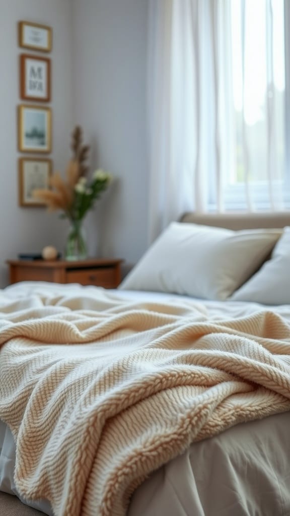 A cozy throw blanket draped over a soft bed in a romantic bedroom setting.