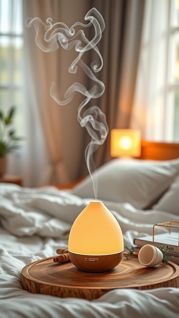 A cozy bedroom with an essential oil diffuser emitting a soft glow and mist.