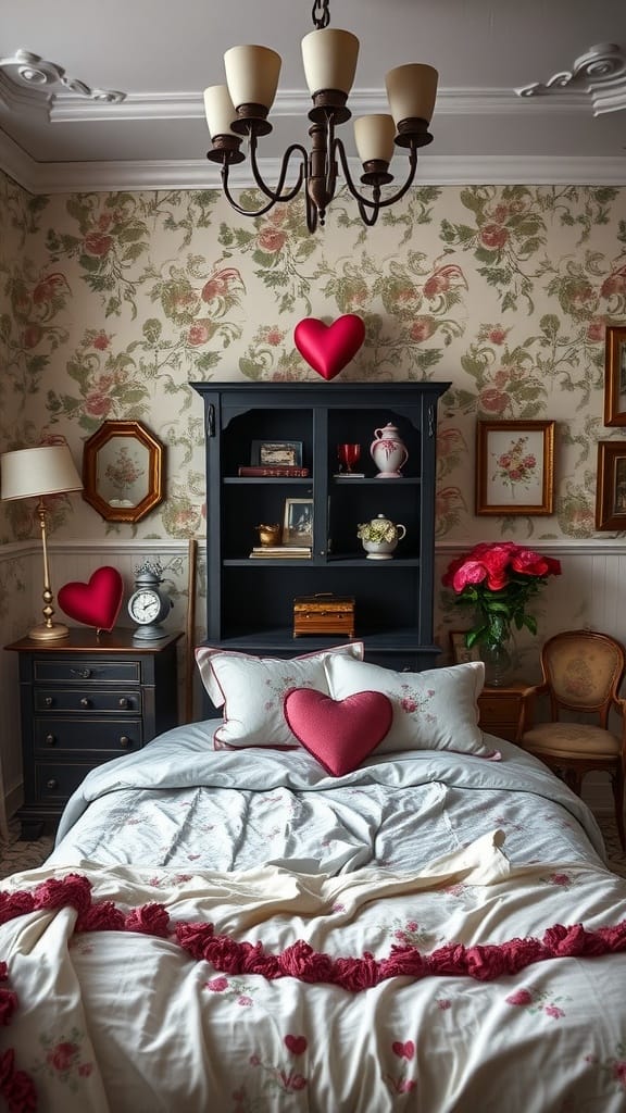 A vintage-inspired romantic bedroom with floral wallpaper, heart-shaped pillows, and a cozy ambiance.