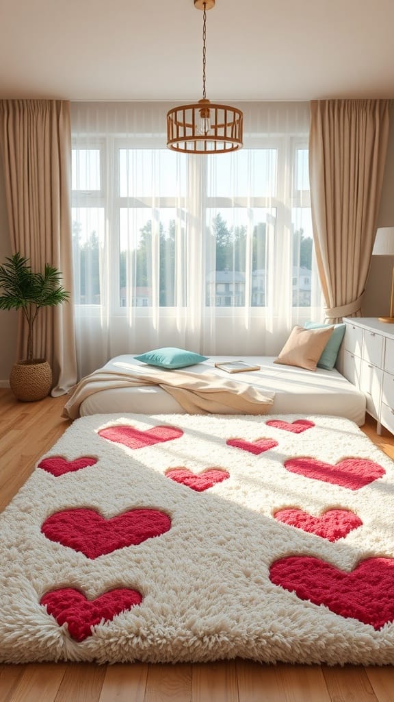 A cozy bedroom with a heart-patterned area rug featuring red hearts on a fluffy cream background, sunlight streaming in through sheer curtains.