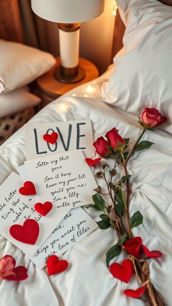 A cozy bedroom with handwritten love letters, red roses, and heart cutouts on a bed.