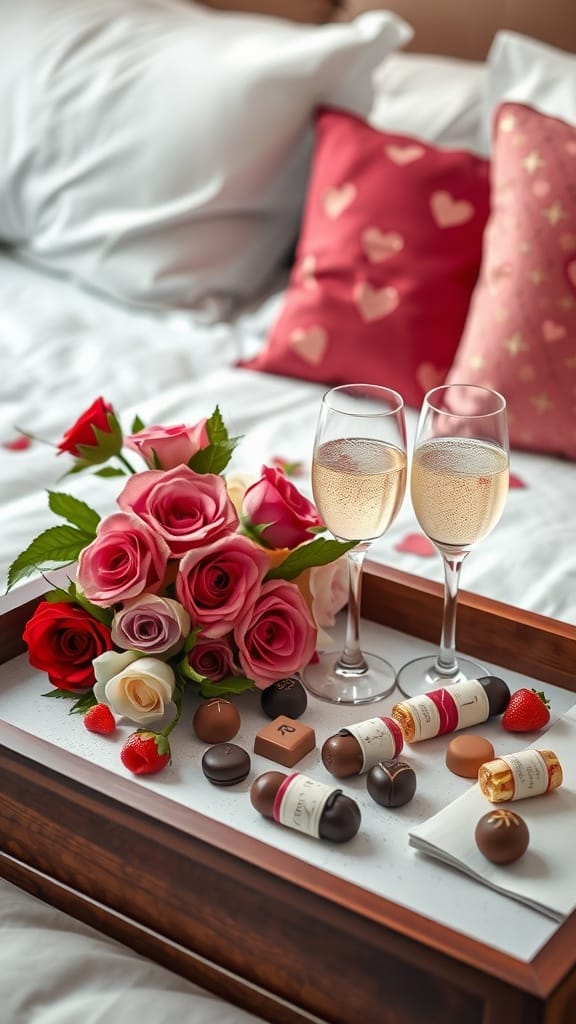 Romantic table setting with roses, chocolates, and sparkling wine