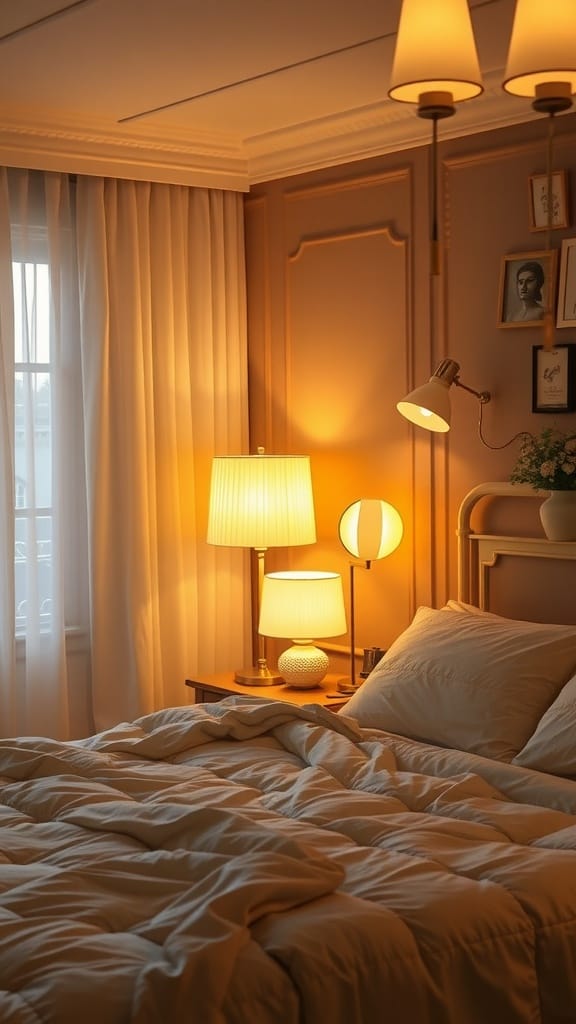 Cozy bedroom with warm mood lighting from lamps and natural light filtering through curtains