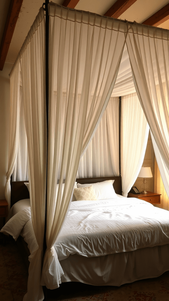 A charming canopy bed with soft curtains and minimalistic decor.