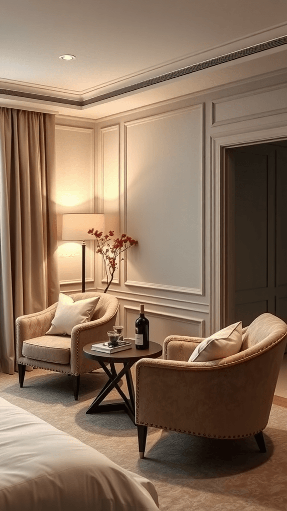 Cozy intimate seating nook in a bedroom with two chairs, a small table, and soft lighting.