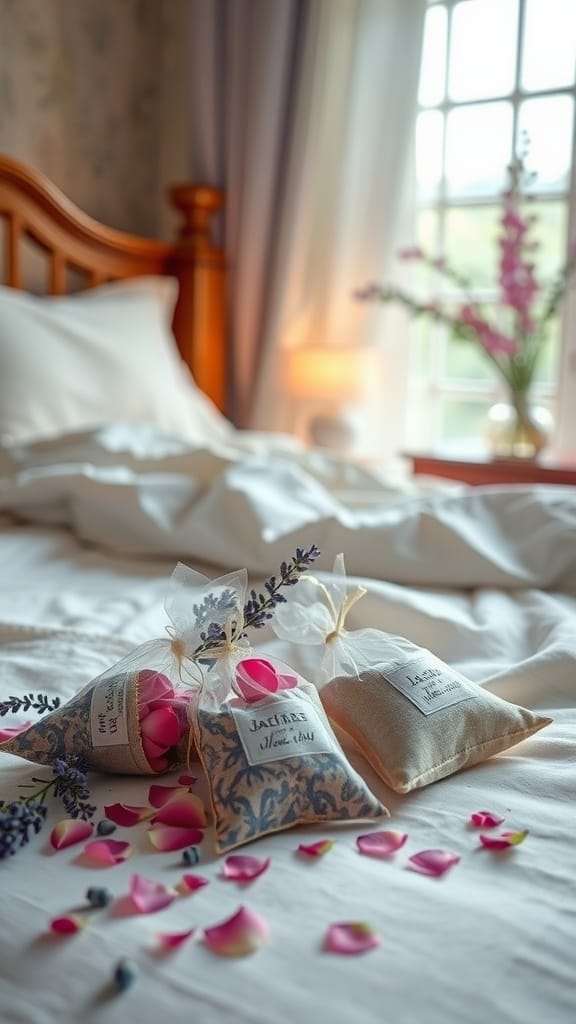 Three decorative scented sachets with dried flowers on a bed with rose petals