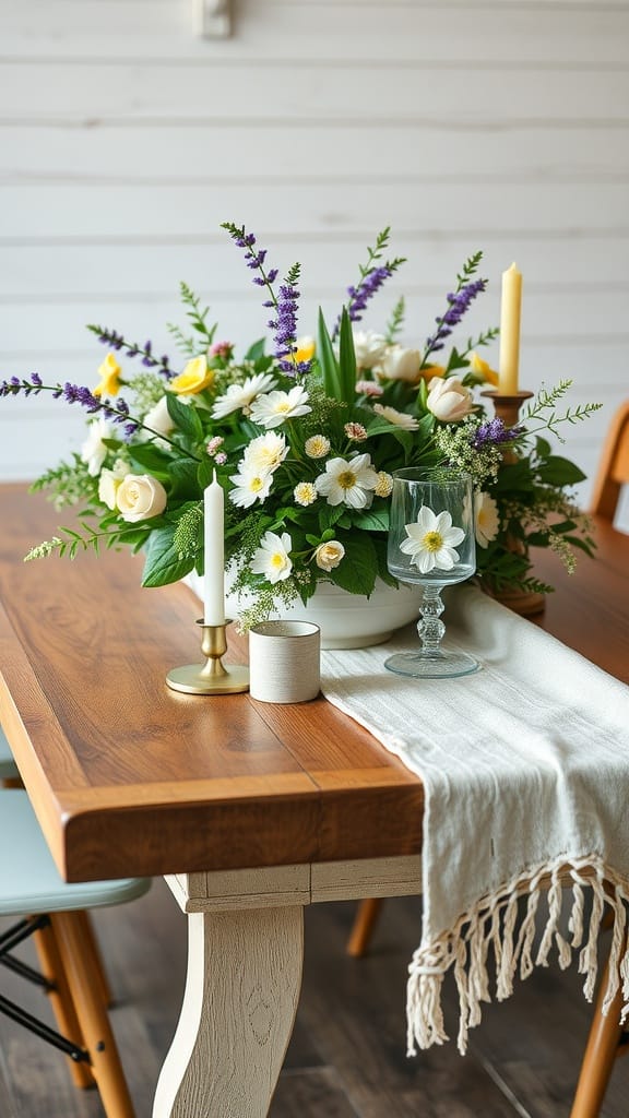 A cozy farmhouse-inspired spring centerpiece with fresh flowers and candles on a wooden table.