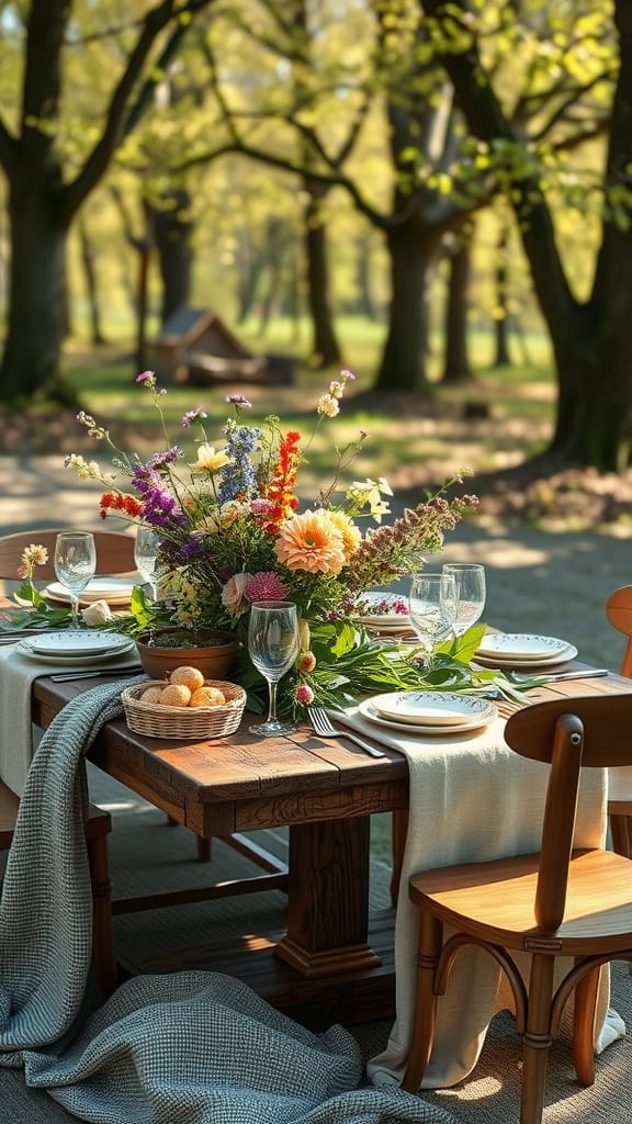 A beautifully arranged spring centerpiece with colorful flowers on a rustic wooden table in a natural setting.