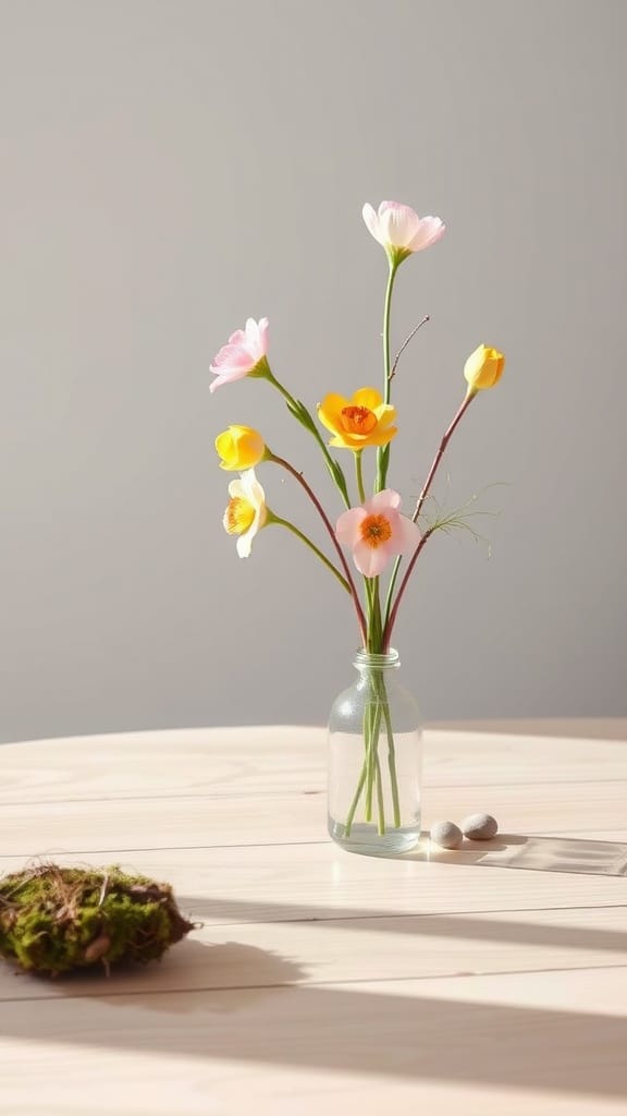 A minimalist spring centerpiece featuring pastel flowers in a clear vase on a wooden table.