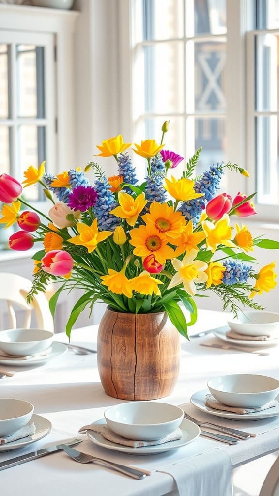 A vibrant floral centerpiece with tulips, daffodils, and other flowers in a wooden vase.