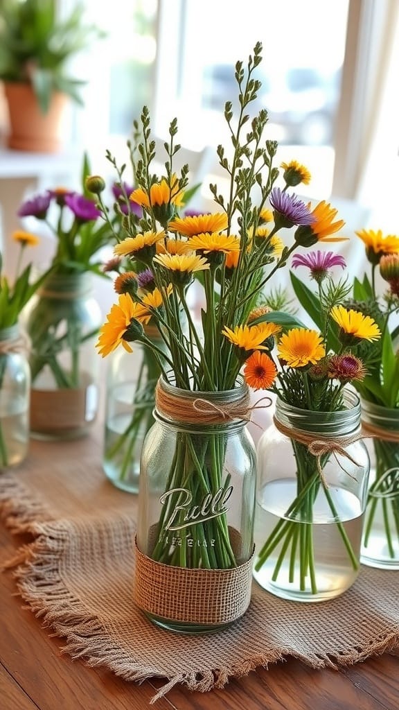Mason jars filled with colorful wildflowers arranged as centerpieces on a rustic table.