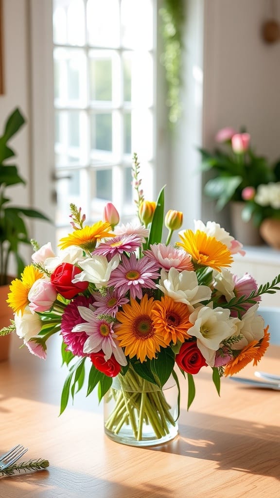 A vibrant bouquet of fresh cut flowers in a glass vase on a wooden table.