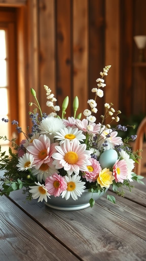 A spring centerpiece featuring colorful flowers and Easter eggs in a bowl.