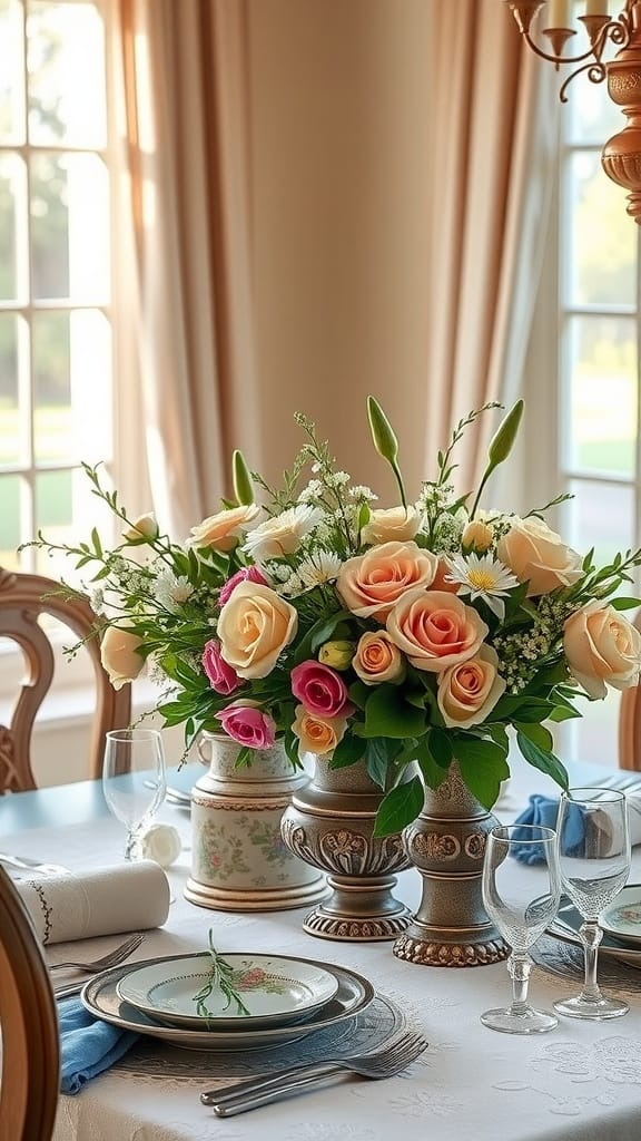 A beautifully arranged vintage floral centerpiece with pastel roses, daisies, and decorative vases on a dining table.