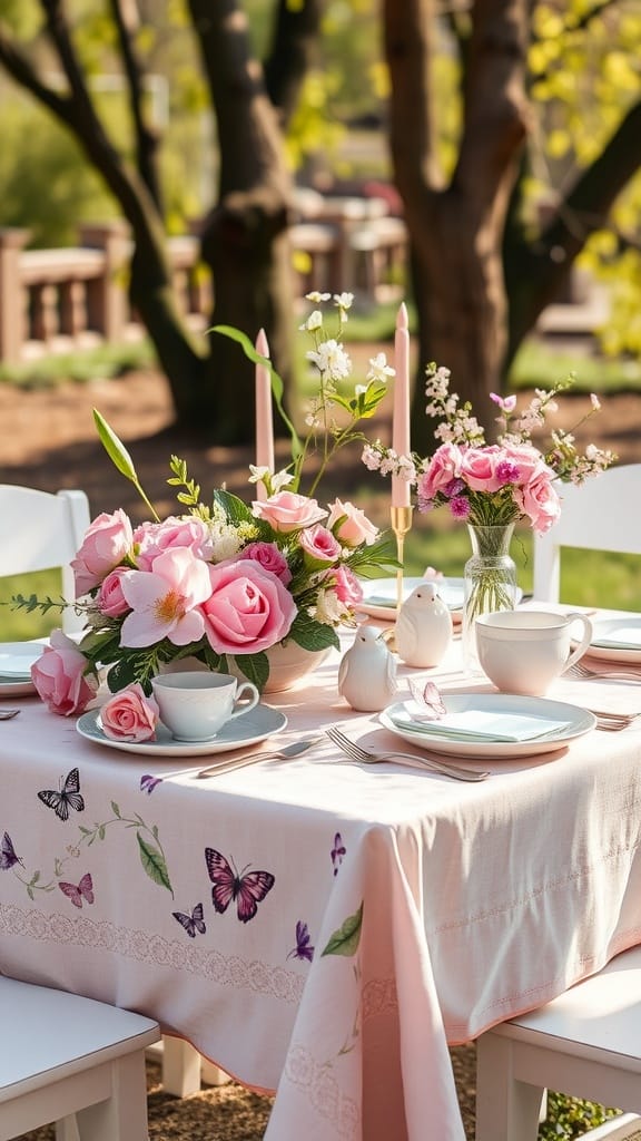 A beautifully set table for spring with pastel accents, featuring flowers and decorative items.